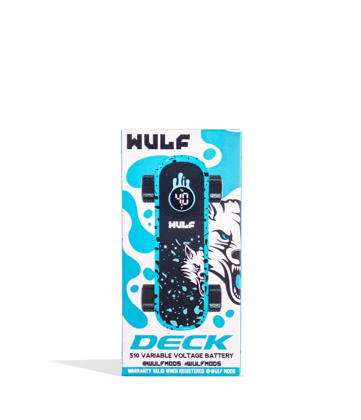 Blue Black Spatter Wulf Mods Deck Skateboard Voltage Battery Packaging Front View on White Background