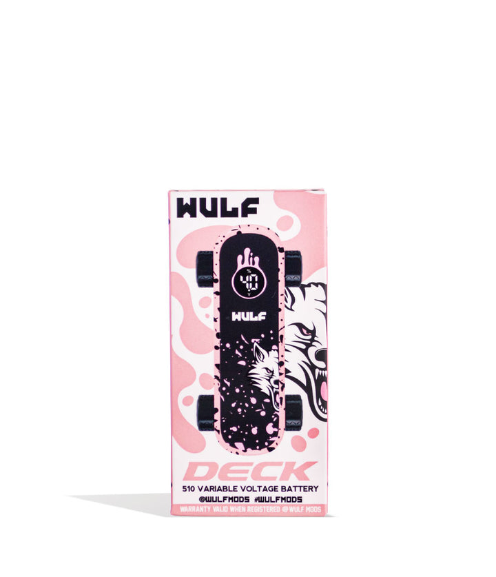 Pink Black Spatter Wulf Mods Deck Skateboard Voltage Battery Packaging Front View on White Background