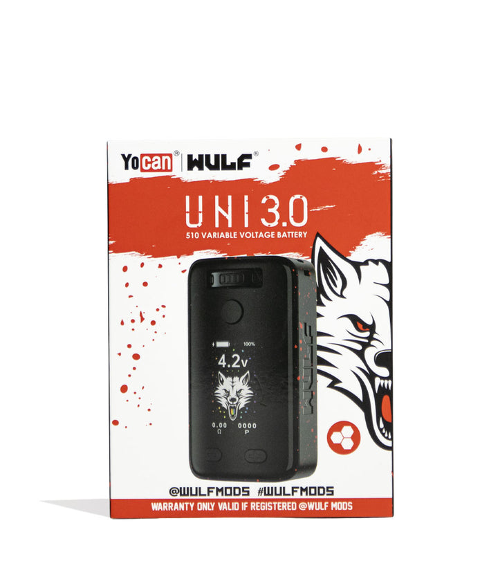 Black Red Spatter Wulf Mods UNI 3.0 Universal Variable Voltage Battery Packaging Front View on White Background